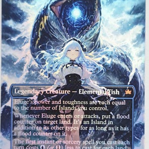May include: A Magic: The Gathering card featuring "Eluge, the Shoreless Sea." The card depicts a female anime-style character in a black and white dress, with long blue hair, standing in front of a large sea creature. The card text is visible.