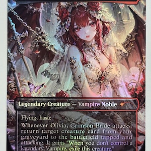 Op de afbeelding: Een holografische verzamelkaart met "Olivia, Crimson Bride." De kaart toont een vrouw met rood haar en een witte jurk, versierd met bloemen. De kaarttekst bevat "Legendary Creature - Vampire Noble" en spelinstructies.