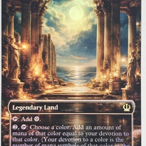 May include: A Magic: The Gathering card titled "Nykthos, Shrine to Nyx." The card features a detailed illustration of a classical temple with columns, statues, and a celestial background. The text on the card describes its function as a legendary land.