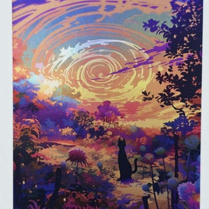 May include: A rectangular trading card featuring a vibrant, colorful landscape illustration with the text Plains in the upper left corner. A black silhouette of a cat sits in the foreground amidst purple and orange flowers under a swirling sky.