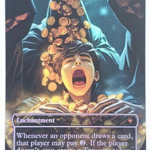 May include: A Magic: The Gathering card titled "Smothering Tithe." The artwork depicts a person with an open mouth being showered with gold coins. The card is an enchantment with text describing its gameplay effect. The artist's name is Chris Bauer.
