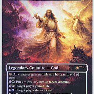 Pode incluir: Uma carta colecionável holográfica de Magic: The Gathering intitulada Jesus, Heaven's Sword, apresentando uma figura central em mantos segurando uma espada brilhante, cercada por cavalos alados e silhuetas escuras, com texto de jogo e 5/5.