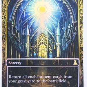 Può includere: Una carta collezionabile con la parola "Replenish" in alto. La carta raffigura l'interno di una cattedrale con una luce intensa che emana dal centro. È presente anche il testo "Sorcery" e una descrizione del gioco.