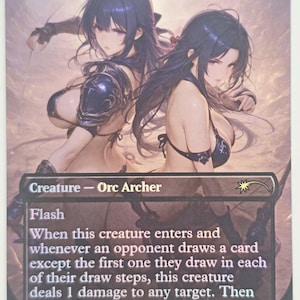 May include: A Magic: The Gathering card titled "Orcish Bowmasters." The card features two anime-style female figures with dark hair and revealing attire. The card text describes the creature's abilities, including Flash and dealing damage. The card is a Premier Play edition.