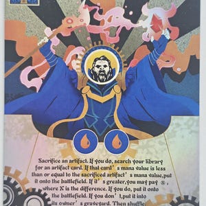 May include: A Transmute Artifact card with a fantasy theme. The card features a central illustration of a bearded figure in a blue robe, surrounded by gears and abstract art. The text reads "Transmute Artifact" and "sorcery".