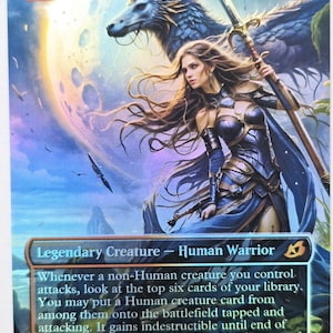 May include: A Magic: The Gathering card featuring "Winota, Joiner of Forces." The card depicts a female warrior in blue armor, holding a spear, with a winged creature in the background. The card has text that describes the card's abilities and stats.
