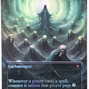 Puede incluir: Una carta de Magic: The Gathering titulada "Nether Void". La ilustración muestra figuras espectrales encapuchadas con capas oscuras sobre un fondo etéreo y arremolinado. El texto de la carta dice "Whenever a player casts a spell, counter it unless that player pays 3."