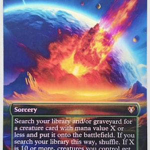 May include: A Magic: The Gathering trading card titled Finale of Devastation featuring a vibrant illustration of a planet being struck by a fiery meteor. The card text details the sorcery spell mechanics, including mana costs and game effects.