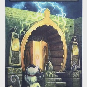 May include: A rectangular trading card titled Mana Crypt with a cost of 0. The illustration depicts a white monkey wearing headphones sitting before a large, glowing golden archway flanked by two stone pillars under a dark, lightning-filled sky.