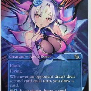 May include: A Magic: The Gathering card titled "Faerie Mastermind." The card features a fantasy illustration of a female character with purple and pink accents. The card text includes "Flash," "Flying," and other game instructions. The card's power and toughness are 2/1.