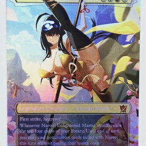 May include: A collectible trading card depicting Narset, Enlightened Master. The card showcases a vibrant illustration of a female figure in a flowing outfit, set against a backdrop of blues and pinks. Text includes "Legendary Creature - Human Monk" and card abilities.