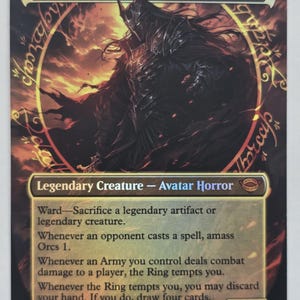 May include: A collectible trading card titled Sauron, the Dark Lord, featuring a dark armoured figure against a fiery sunset background. The card displays game text, mana symbols, and a power and toughness of 7/6, with golden circular elvish script.