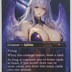 May include: A Magic: The Gathering card featuring a fantasy illustration of a female Sphinx with long silver hair and purple wings. The card is labeled "Quantum Riddler" and includes game text and a power/toughness of 4/6.