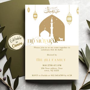May include: An Eid Mubarak invitation card with a mosque silhouette, lanterns, and goat illustration in gold on a cream background. The text includes "Eid Mubarak", event details, and "Editable in Canva".
