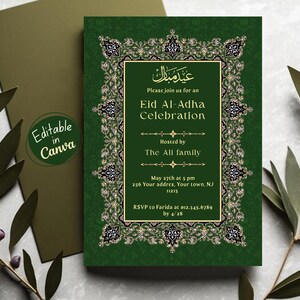 May include: Green invitation card for an Eid Al-Adha Celebration. The card features ornate gold and black decorative borders and text. The text includes the event details and RSVP information. An olive green envelope and leaves are in the background. The words "Editable in Canva" are also present.