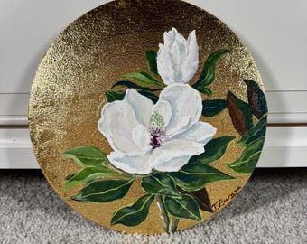Original Magnolia Painting on Round Canvas, White Flower Acrylic Art, Gold Leaf, Gold Floral Wall Decor, Botanical Artwork