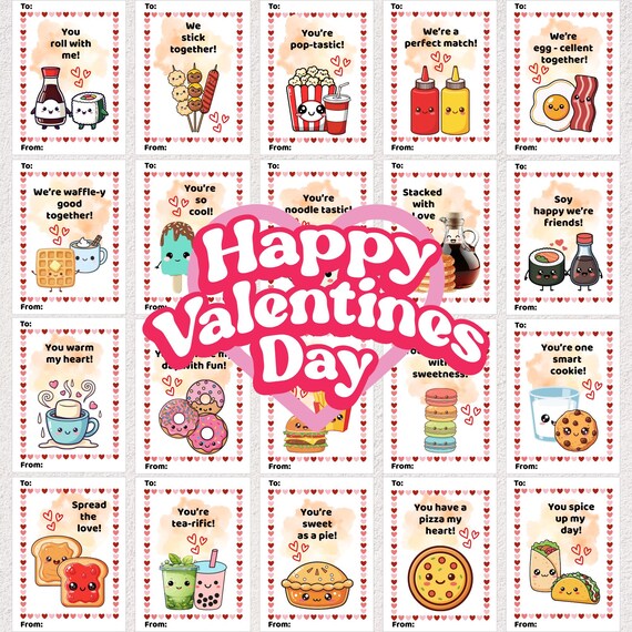 Kawaii Food Pun Valentine Cards | 32 Printable Kids Valentines (Instant Download)