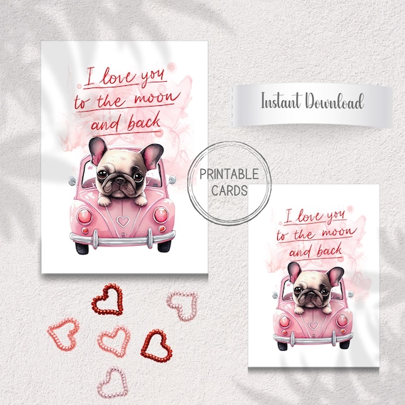 French Bulldog Valentine Card Set | Puppy Love, Pink Car (Digital Download A7 & A6 Sizes)