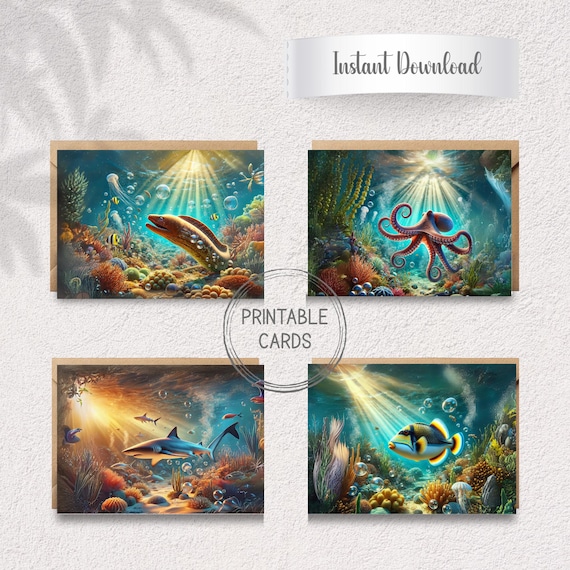 Under Sea Wonders Greeting Cards | Ocean Life Art, Shark, Octopus, Fish (Instant Download)
