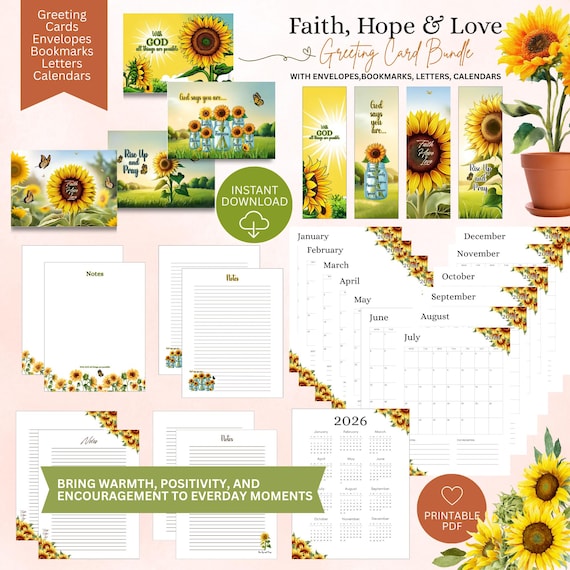 Christian Sunflower Printable Bundle | Faith Greeting Cards, Bookmarks, Stationery & 2026 Calendar Bundle