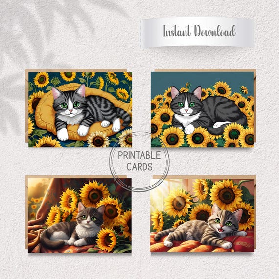Sunflower Kitten Greeting Cards | Whimsical Cat Art, A6 Blank Cards (Digital Download)
