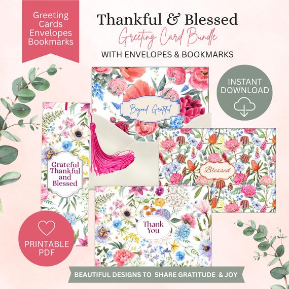 Printable Floral Stationery Bundle | 12 Greeting Cards, Coordinating Envelopes & 4 Bookmarks | Instant Download