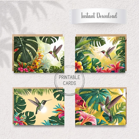 Tropical Hummingbird A6 Cards | Vibrant Floral Botanical Stationery (Digital Download)