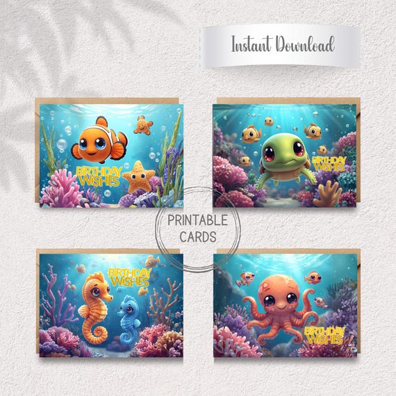 Kawaii Sea Creature Birthday Cards | A6 Printable (Set of 4) (Digital Download)