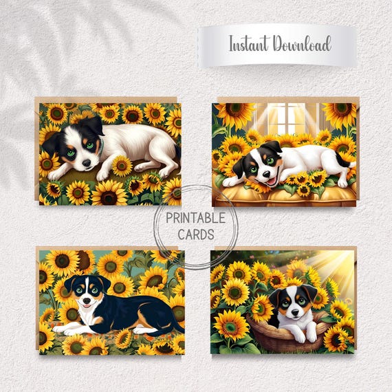 Sunflower Puppy Greeting Cards | Dog Lover Stationery | Blank A6 Cards (Digital Download)