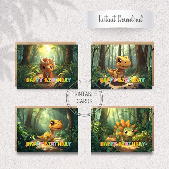 Kawaii Dinosaur Birthday Cards | Dino Party, A6 (Digital Download Set of 4