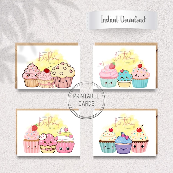Kawaii Cupcake Birthday Cards | A6 Printable Set (Digital Download)