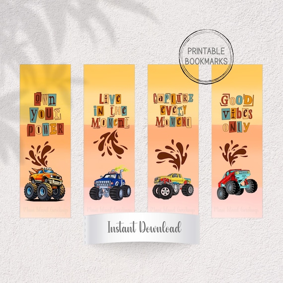 Monster Truck Printable Bookmarks | Kids Bookmark Set 2x6 | Motivational Quotes | Boys Reading | Instant Download