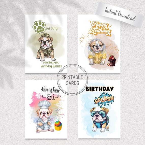 Bulldog Birthday Cards | Printable Dog Designs | A7 Greeting Cards (Digital Download)