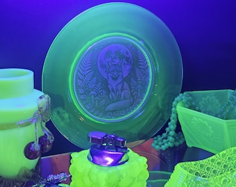 Vintage Uranium Glass Plate | Engraved Fox and Moon | UV Glow Vaseline Glass | Woodland Cottagecore Decor