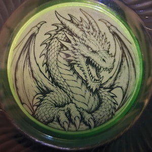 Vintage Uranium Glass Plate | Engraved Dragon | UV Glow Vaseline Glass | Fantasy Decor