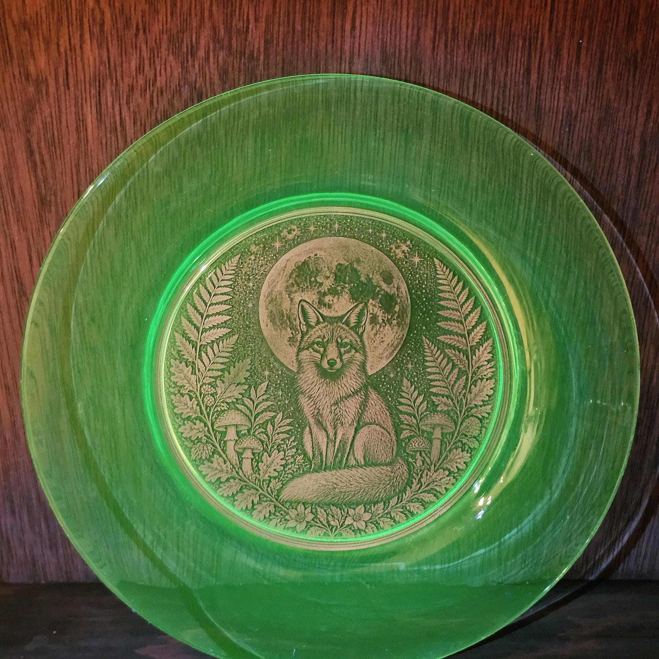 Green Glass Etched Plates - Etsy