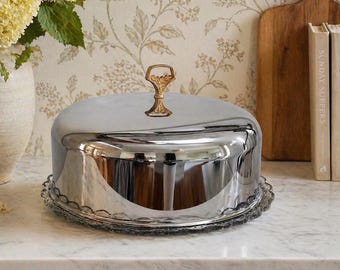 Vintage Cake Dome with Brass Handle and Etched Glass Platter set | Mid Century Cake Cover Set | Retro Serving Tray | Bakery Display