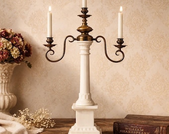 Vintage Alabaster and Brass 3-Arm Candelabra | European Classical Column Candlestick | 1970s Hollywood Regency Decor