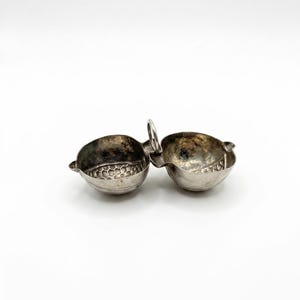Antique Silver Plated Metal Double Salt Cellar Pomegranate Shape with Ring Handle, Vintage Double Dipping Dish Spice Pot Centerpiece, Unique