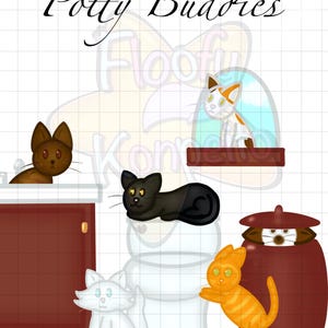 May include: A cartoon illustration of cats in different poses, with the text "Potty Buddies" and a logo. The cats are depicted in brown, black, white, and orange. The background has a grid pattern.