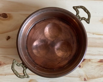 Antique Copper Escargot Pan, Vintage Copper Egg Poacher Pan, Brass Handles, full copper inside and out