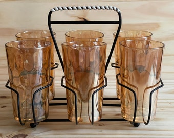 Set of six vintage Jeanette hex optic iridescent marigold highball carnival glass glasses with carrier