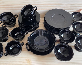 Vintage black Amethyst LE smith Glass set of dishes and teacups