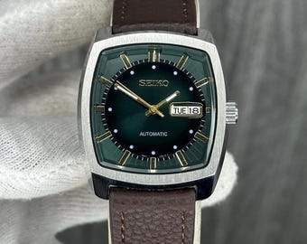 Seiko Green Dial Tank Watch 7S26 Automatic Movement | Vintage Style Rectangular Watch | Men’s Luxury Dress Watch | Japanese Mechanical Watch