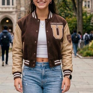 Giacca da college corta da donna, con logo personalizzato ricamato e toppe in ciniglia, stile streetwear vintage.