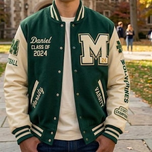 Custom Men's Letterman Jacket Classic Varsity Bomber Jacket  Personalized Embroidered & Chenille Patches Streetwear Coat Gift For Him