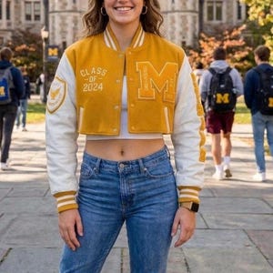 Cropped Varsity Letterman Jacket Women Personalized Logo Custom Embroidered & Chenille Patches  Streetwear Vintage  Style Coat Gift for Her