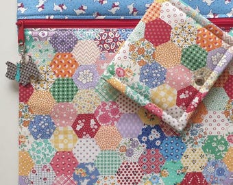 Limited edition Aunt Grace Goes Scrappy project bag, optional scottie dog charm, optional thread bed. Cross stitch WIPs. Hexies print.