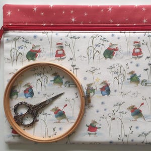 Winter mice project bag for cross-stitch, embroidery, WIPs. W14"xH11".  Softly padded.  Fabric by Acufactum. Christmas, snow, stars.