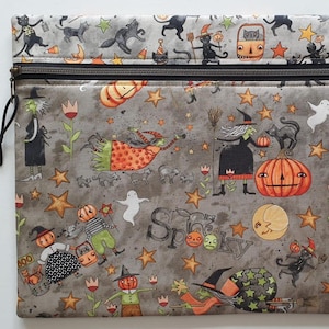 Teresa Kogut 'Spooky' project bag, storage pouch. Halloween, witches, owls, pumpkins. Softly padded for cross-stitch, embroidery WIPs.